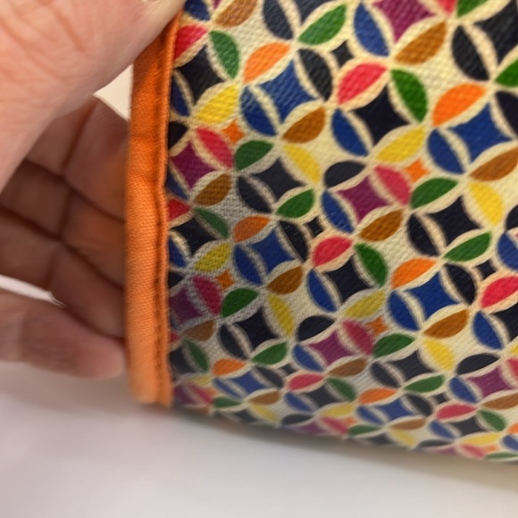 Fossil Colorful Geometric Print Tote Bag Purse Handbag w/ Brown Leather Trim - Picture 2 of 16